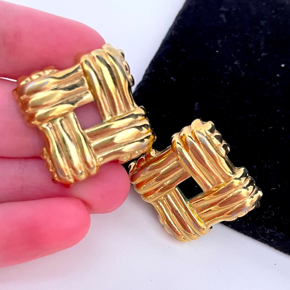 Vintage Heavy Gold Tone Abstract Geometric Party Maximalist Statement Earrings